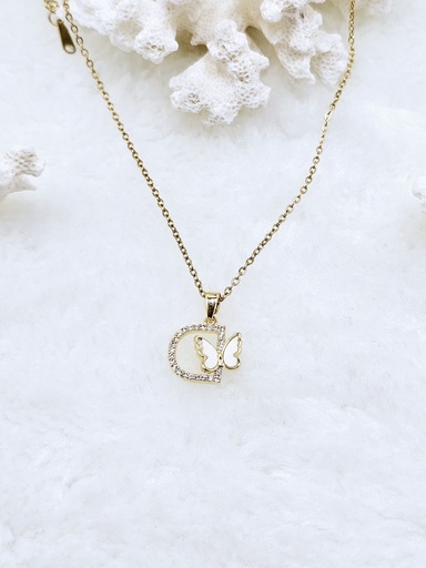 [0601008] Butterfly Initial Pendant Necklace with Crystals - Artificial Yellow Gold