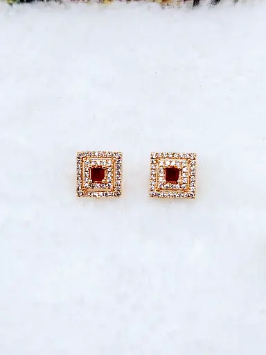 [0501001] Square Ruby Cubic Zirconia Double Halo Stud Earrings - Artificial Yellow Gold