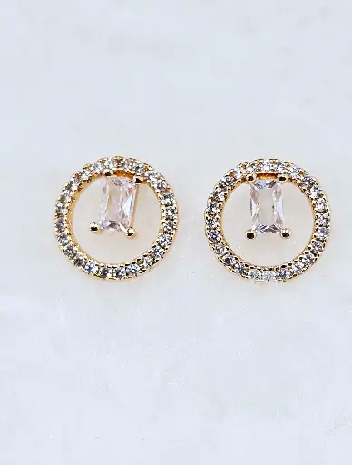 [0501004] Round Halo Stud Earrings with Rectangular Cubic Zirconia - Artificial Yellow Gold