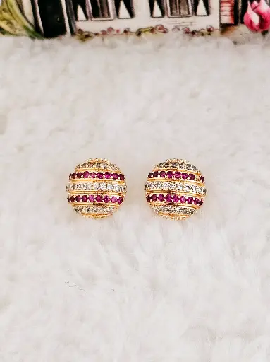 [0501005] Round Ruby and Cubic Zirconia Pave Stud Earrings - Artificial Yellow Gold