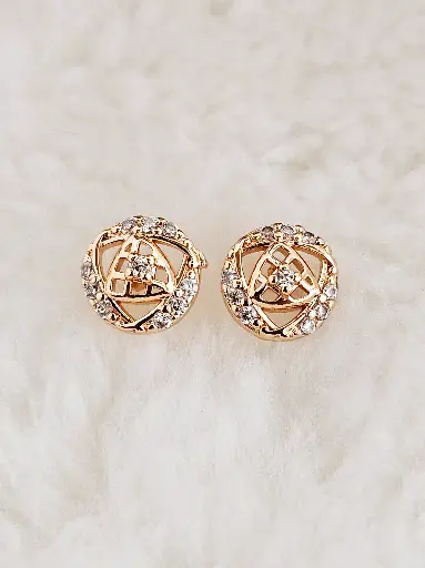 [0501006] Round Openwork Crystal Stud Earrings - Artificial Yellow Gold