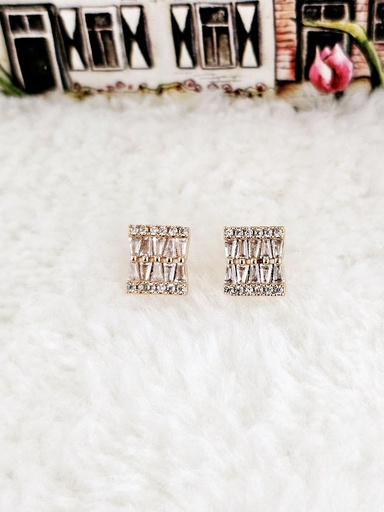 [0501008] Rectangular Baguette and Round Crystal Stud Earrings - Artificial Rose Gold