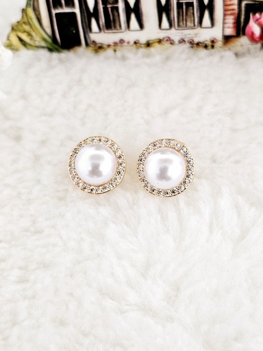[0501009] Faux Pearl Halo Stud Earrings with AD Crystals - Artificial Yellow Gold
