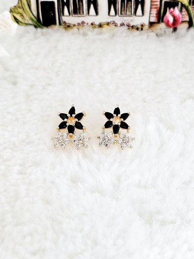 [0501010] Black and Clear Cubic Zirconia Double Flower Stud Earrings - Artificial Yellow Gold