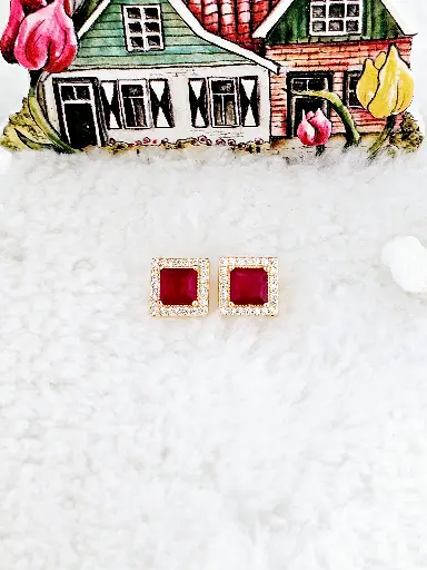 [0501011] Rectangular Ruby Cubic Zirconia Halo Stud Earrings - Artificial Yellow Gold