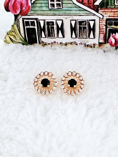 [0501012] Black and Clear Cubic Zirconia Floral Stud Earrings - Artificial Yellow Gold