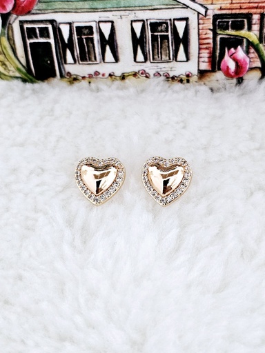 [0501013] Heart-Shaped Cubic Zirconia Halo Stud Earrings - Artificial Yellow Gold